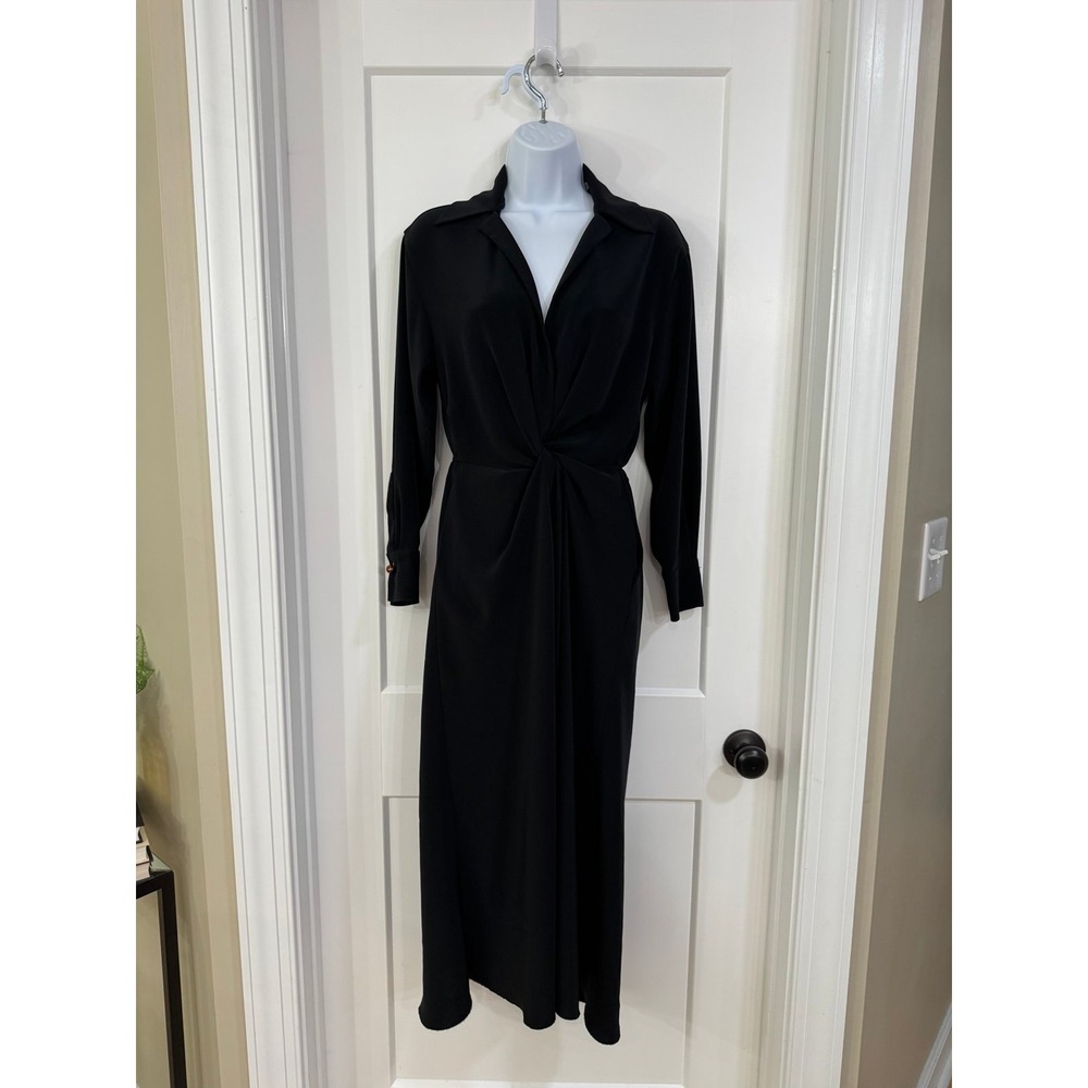 $526 Vince Women Black Collared Twisted Tie-Front Shirt Dress‎ Size XS